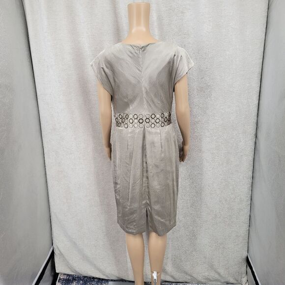 Ellen Tracy Champagne Satin Plunging Cowl Neckline Cap Sleeves Midi Sheath Dress - Picture 5 of 10